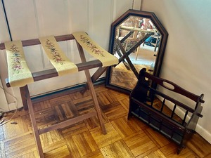 lot 145 image: Outstanding Hand Needlepoint Luggage Rack, Mid-Century Magazine  Media Rack and Vintage Wood Framed Mirror