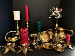 lot 148 image: Beautiful Vintage Brass Collection of Candle Holders, Pitcher, Basket and More