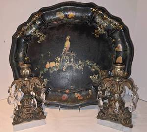 lot 157 image: Vintage Lacquer Drinks Platter and Antique Regency Opulent Brass Candleholders
