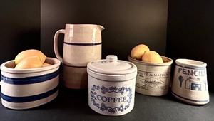 lot 166B image: Blue Accented Pottery Pieces including Vintage Pottery Crock, Vintage RRP Company #303 B, Faux Fruit and More