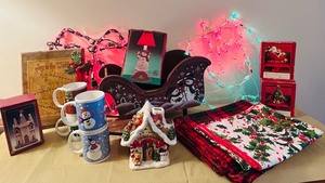 lot 173 image: Christmas Decor including Coffee Mugs, Large Decorative Sleigh, Table Clothes and More