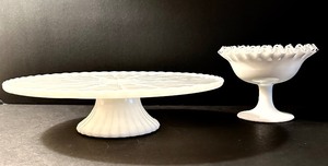 lot 177 image: Vintage Fenton Silver Crest Milk Glass Bowl Ruffled Crimp Edge Candy Dish and Vintage Milk Glass Cake Stand