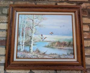 lot 27 image: Framed Duck Landscape Painting
