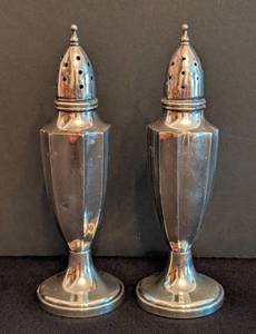 lot 56 image: Pair of Vintage Solid Sterling Silver Salt and Pepper Shakers