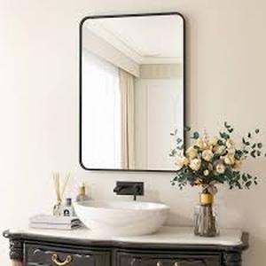 lot 21 image: XRAMFY 24 in. W x 36 in. H Rectangular Aluminum Alloy Framed Rounded Black Wall Mirror Customer return Review all pictures