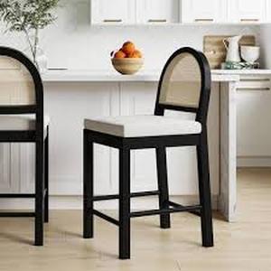 lot 30 image: Nathan James Bailey 24 in. Upholstered Boucle Rattan and Wood Counter Height Bar Stool w Woven Back, Cream BoucleBlack Oak Customer return Review all pictures