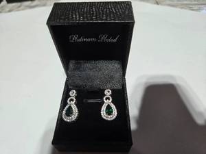 lot 129 image: Gold Coast Lab Emerald Diamond Platinum Plated Sterling Silver Earrings with Green Jewel  Brand New Sold online from $80 to 250