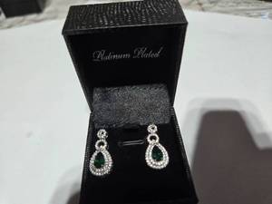 lot 131 image: Gold Coast Lab Emerald Diamond Platinum Plated Sterling Silver Earrings with Green Jewel  Brand New Sold online from $80 to 250