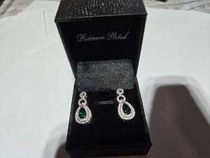 lot 132 image: Gold Coast Lab Emerald Diamond Platinum Plated Sterling Silver Earrings with Green Jewel  Brand New Sold online from $80 to 250