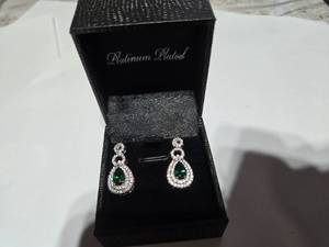 lot 133 image: Gold Coast Lab Emerald Diamond Platinum Plated Sterling Silver Earrings with Green Jewel  Brand New Sold online from $80 to 250