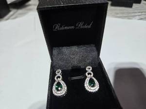 lot 135 image: Gold Coast Lab Emerald Diamond Platinum Plated Sterling Silver Earrings with Green Jewel  Brand New Sold online from $80 to 250