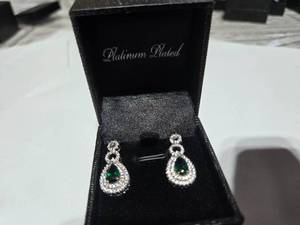 lot 136 image: Gold Coast Lab Emerald Diamond Platinum Plated Sterling Silver Earrings with Green Jewel  Brand New Sold online from $80 to 250