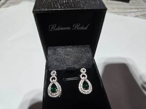 lot 137 image: Gold Coast Lab Emerald Diamond Platinum Plated Sterling Silver Earrings with Green Jewel  Brand New Sold online from $80 to 250