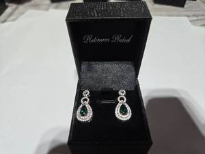 lot 139 image: Gold Coast Lab Emerald Diamond Platinum Plated Sterling Silver Earrings with Green Jewel  Brand New Sold online from $80 to 250