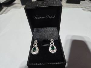 lot 140 image: Gold Coast Lab Emerald Diamond Platinum Plated Sterling Silver Earrings with Green Jewel  Brand New Sold online from $80 to 250