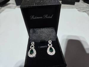 lot 141 image: Gold Coast Lab Emerald Diamond Platinum Plated Sterling Silver Earrings with Green Jewel  Brand New Sold online from $80 to 250