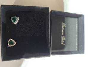 lot 160 image: Gold Coast Platinum Plated Triangular Earrings  Ruby Green Centerpiece with Sparkling Silver Accents  Brand New Sold online for $120