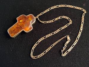 Large Amber Cross Pendant wFigaro Stamped 925