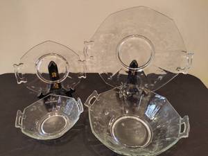 Vintage Etched Glass Serving Bowls wMatching Plates