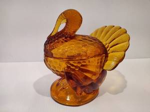 Vintage LE SMITH Glass Amber Turkey Bowl wLid