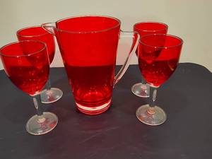 Red Hard Plastic Pitcher wFour Matching Goblets