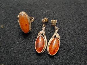 Amber Ring & Pierced Earrings Stamped 925