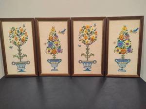 Two Sets of Crewel Embroidered Framed Topiary Trees