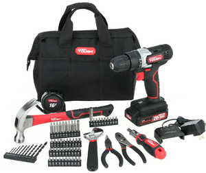 lot 482 image: Hyper Tough 20V Max Lithium-Ion 38 inch Cordless Drill, 70-Piece Home Tool Set, 1.5Ah Lithium-Ion Battery & Charger, Bit Holder, & Storage Bag