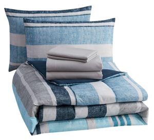 lot 536 image: Mainstays King sized Blue Stripe 7 Piece Comforter with Sheets Bed in a Bag Set