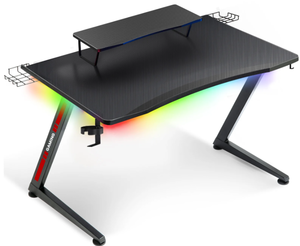 lot 621 image: GTRACING Ergonomic Curved 3-Sided LED Z-Leg Gaming Desk Black Dimensions 23.60x 42.5x 27.5