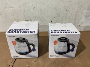 lot 240 image: LOT OF 2 Chefman 1L Electric Glass Kettle w LED Indicator Light, Automatic Shutoff