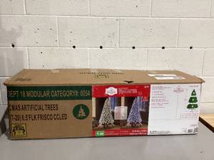 lot 599 image: Holiday Time 6.5 Pre-Lit Flocked Frisco Pine Christmas Tree Multi-Color LED Lights