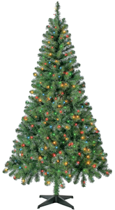 lot 386 image: Holiday Time 6.5 Pre-Lit Green Madison Pine Artificial Christmas Tree, Multi-Color Incandescent Lights
