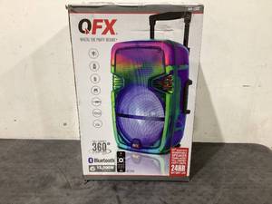 lot 668 image: QFX Wireless Bluetooth Rechargeable Portable Speaker with Party Lights, Multicolor, TMS-1560