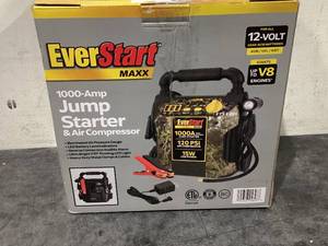 lot 674 image: EverStart Maxx 1000 Peak Amp Camo Jump Starter, 120 PSI Compressor, Pivoting LED Light, 3 USB Ports