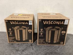 lot 683 image: LOT OF 2 Vasconia Aluminum 32 Quart and 27.5 Quart Steamer Pot with Steamer Tray and Lid