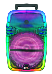 lot 97 image: QFX Wireless Bluetooth Rechargeable Portable Speaker with Party Lights, Multicolor, TMS-1560