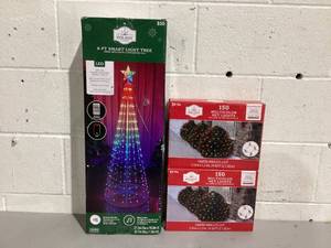 lot 552 image: LOT OF 3 Holiday Time 1 6 Smart Light Tree and 2 Boxes Holiday Time 150 Multicolor Net Lights 6x4