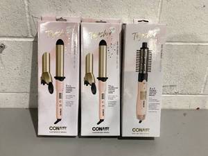 lot 572 image: LOT OF 3 Tayshia by Conair 1.25 Tourmaline Ceramic ClipClipless Hair Curling Irons