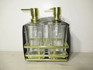 lot 35 image: Square Glass Clear Lotion and Soap Pump Dispenser Set with Metal Stand Caddy-Brass