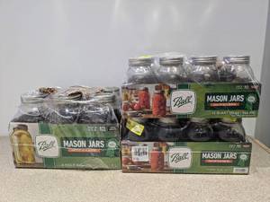 lot 19 image: 22 REGULAR MOUTH BALL 12QT MASON JARS ( 2 MISSING ), 6 WIDE MOUTH BALL 12 GALLON MASON JARS
