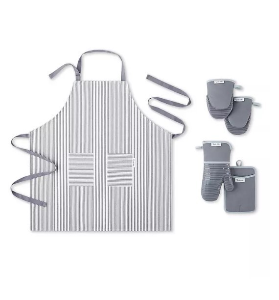 lot 347 image: NEW Sur La Table 5-Pc. Kitchen Textile Set - Apron, Oven Mitt, Potholder, Mini Mitt - Gray