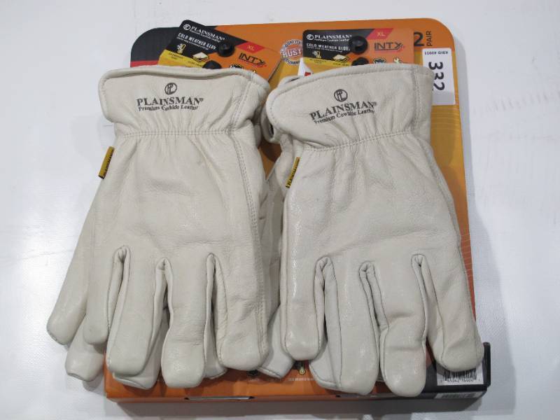 lot 375 image: NEW Plainsman Premium Cowhide 100% Leather Gloves Fleece Lined Insulated XL, 2 Pack