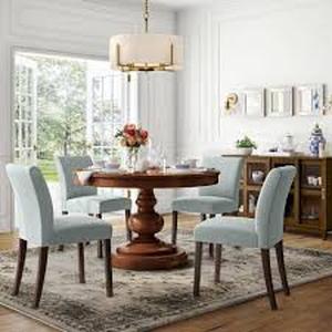 lot 2 image: StyleWell Banford Charleston Blue Upholstered Dining Chair with Sable Brown Wood Legs (Set of 2) Customer Returns See Pictures