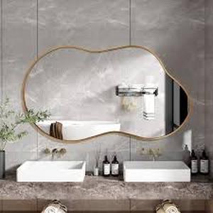 lot 22 image: Hochwertiges 36 in. W. x 24 in. H Irregular Gold Aluminum Alloy Framed Wall Mirror Asymmetrical Mirror for Living Room, Bathroom   Customer Returns See Pictures