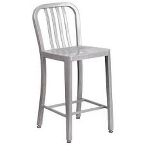 lot 41 image: Flash Furniture Silver 24 in. H Commercial Grade Metal Counter Height Stool with Footrest, Vertical Slat Back Stool for Restaurants   Customer Returns See Pictures