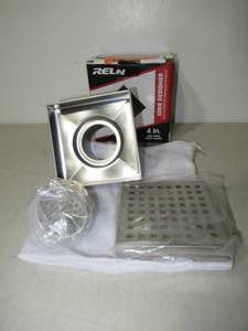 lot 50 image: RELN 4 in. x 4 in. Stainless Steel Square Shower Drain with Square Pattern Drain Cover