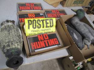 lot 94 image: Owl, duck decoys and signs...