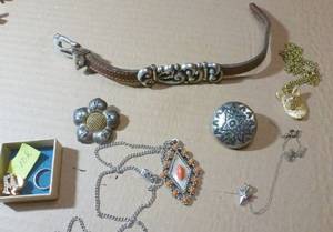 lot 4 image: Sterling bracelet and pin, 10k pin and baby ring
