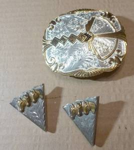 lot 5 image: Montana Silversmith belt buckle and tips for a bolero